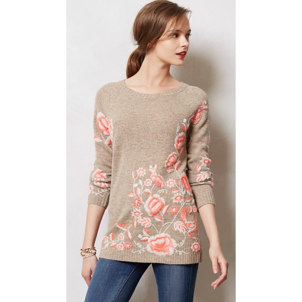 Anthropologie Sleeping On Snow Embroidered Ranunculus‎ Tunic XL Tan Floral Wool